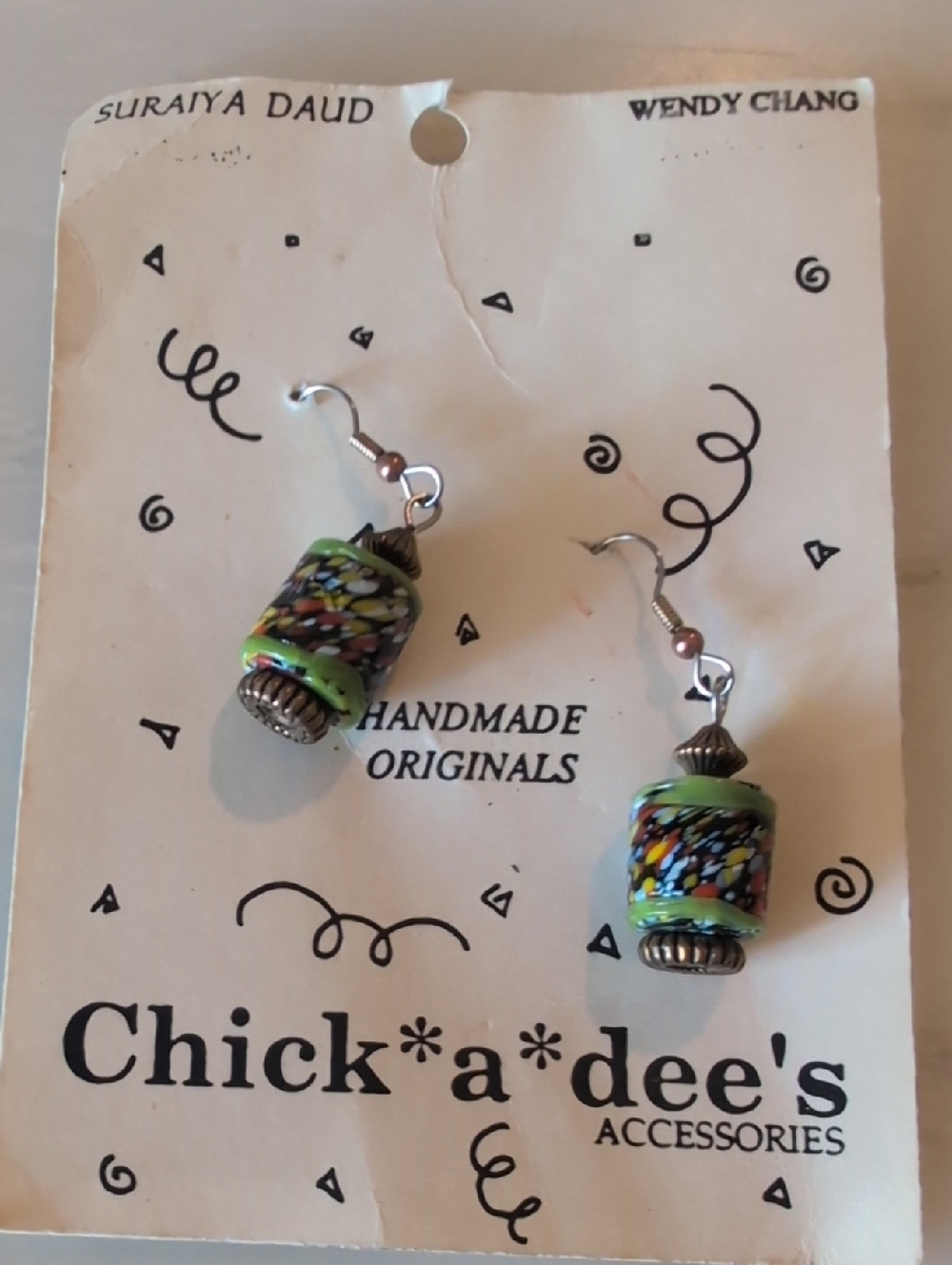 Handmade Green Multicolor Glass Bead Earrings